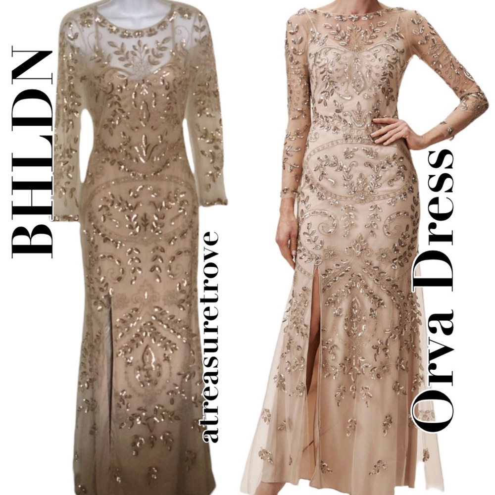 BHLDN Beaded Champagne-Tone Orva Maxi Dress